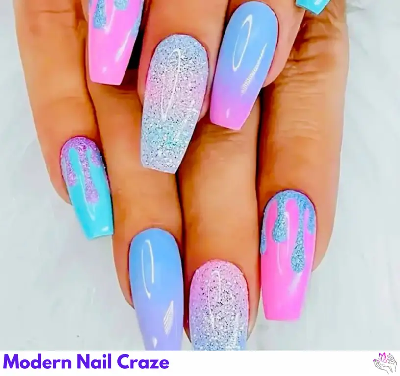 Playful pink and blue nails with glitter splash, perfect for adding sparkle to your celebration.