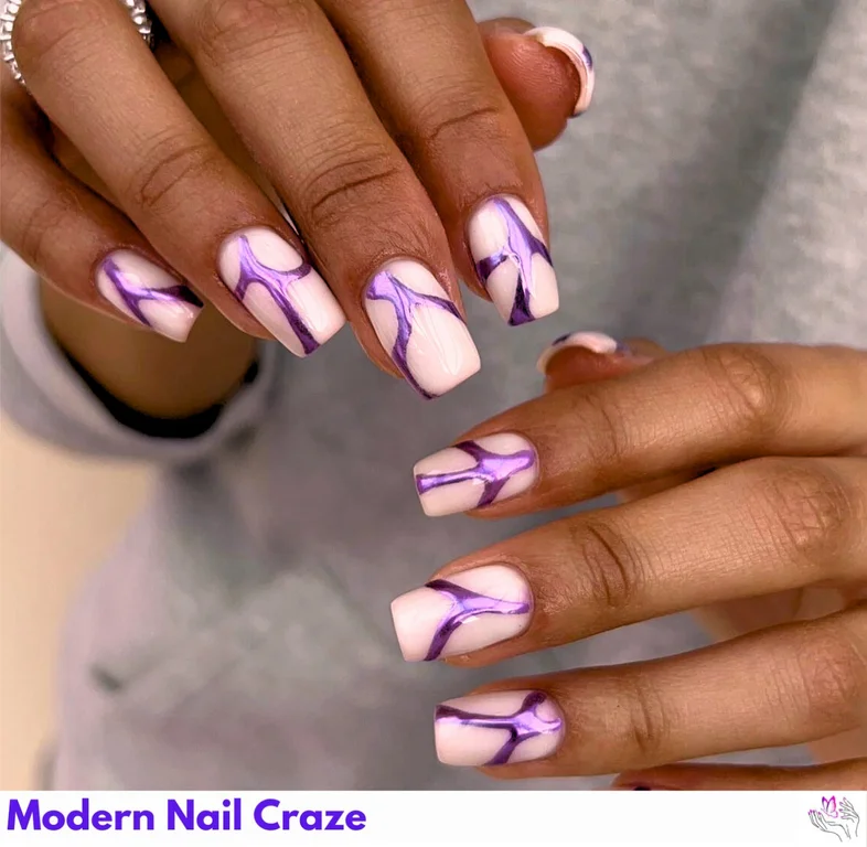 Purple Chrome Nail Design with abstract white accents, offering a serene yet bold and glamorous style.