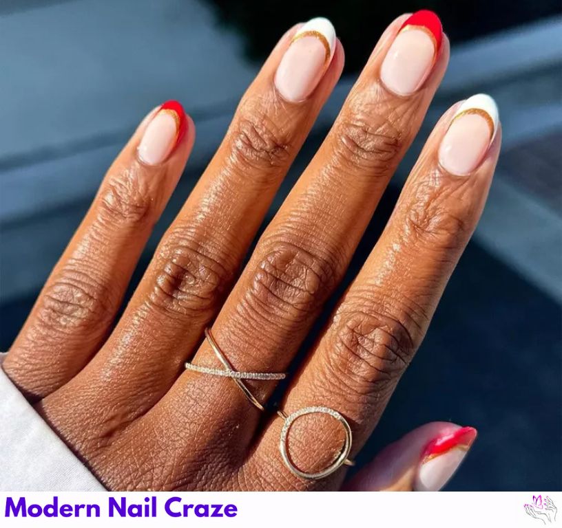 Red, White, and Gold French Nails