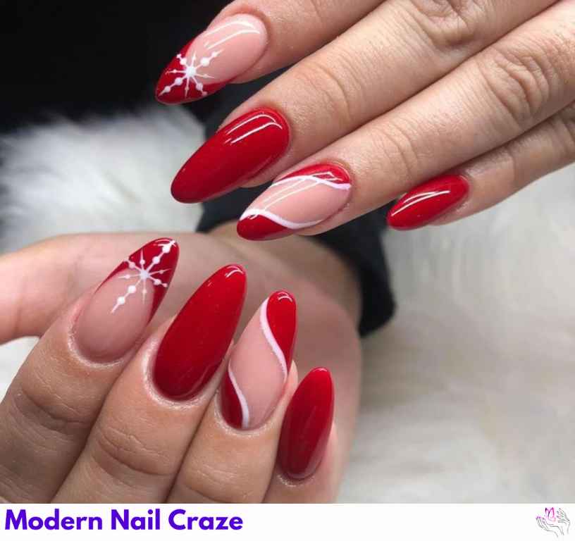 Red and White Peppermint French Tip Nails