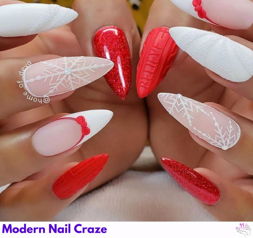 Red and White Stiletto Christmas Nails