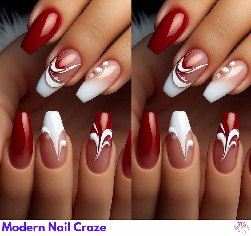 Festive red and white swirl nails, perfect for celebrating the winter season with a cheerful design.