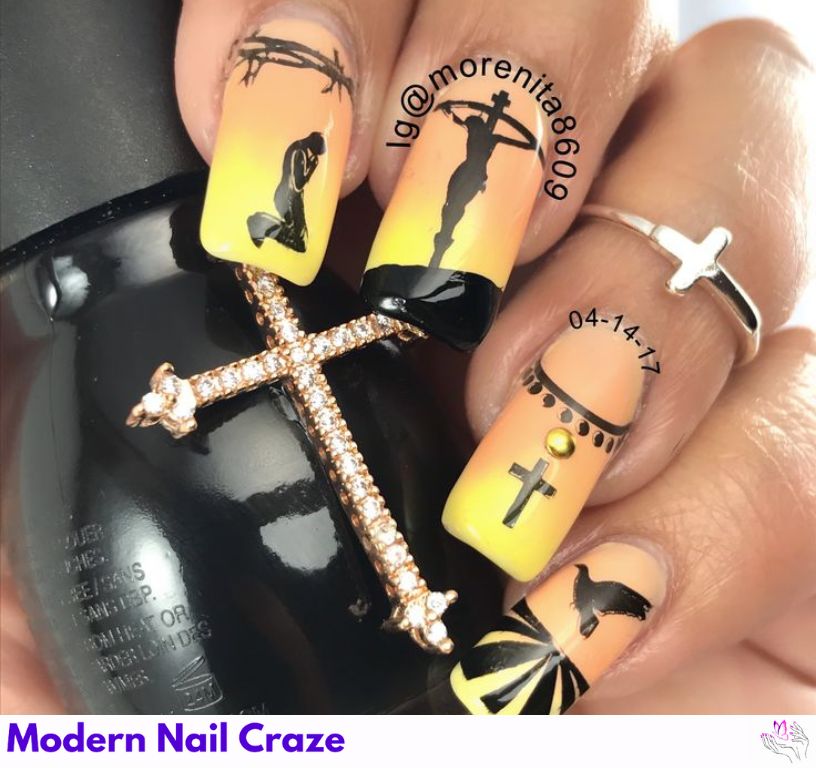 Dark Goth Easter nails with cross designs and rich purple tones.