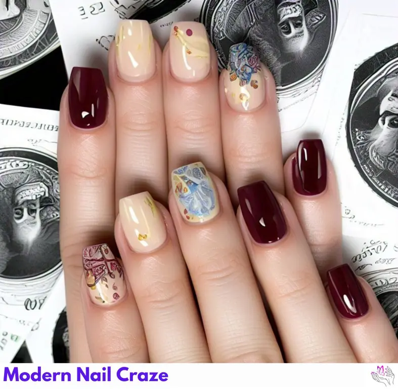 Luxurious shiny burgundy nails with rhinestone details exude an old-money vibe that's perfect for winter 2024 elegance.