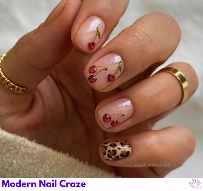 Short Cherry + Cheetah Print Nails