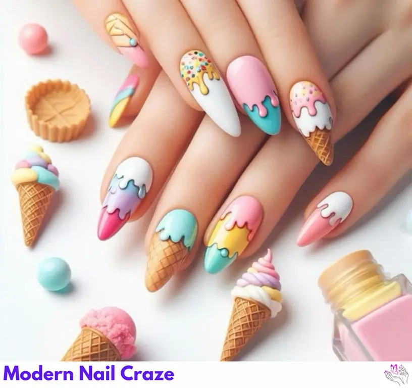 Fun and playful ice cream drip design on short nails, perfect for a whimsical and colorful style.