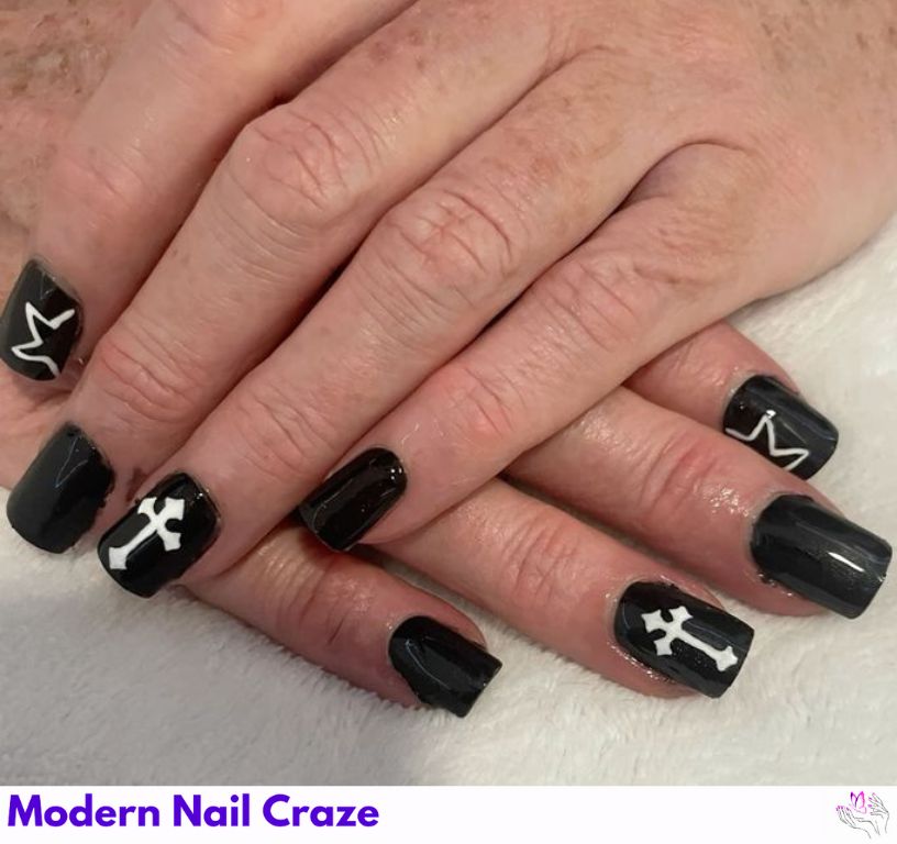 Simple Easter Goth nails with subtle cross designs and soft pastels.