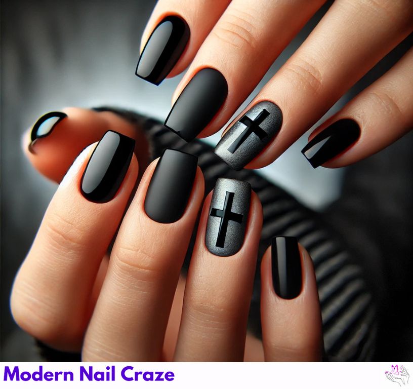 Bold Gothic cross nails on short nails with dark accents and subtle details.