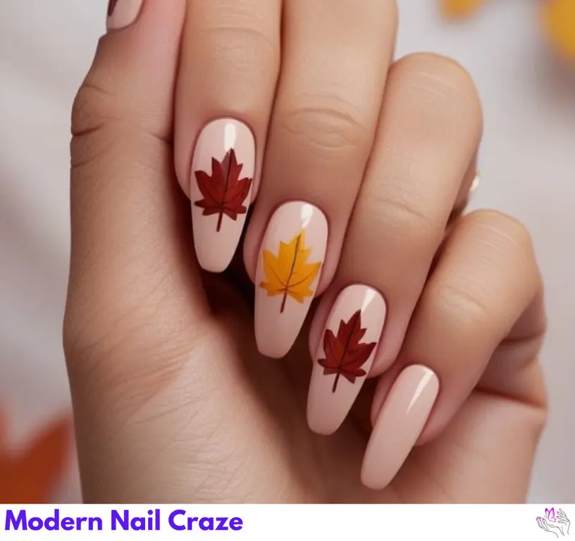 Elegant minimal maple leaf design on nails, perfect for a stylish autumn look.