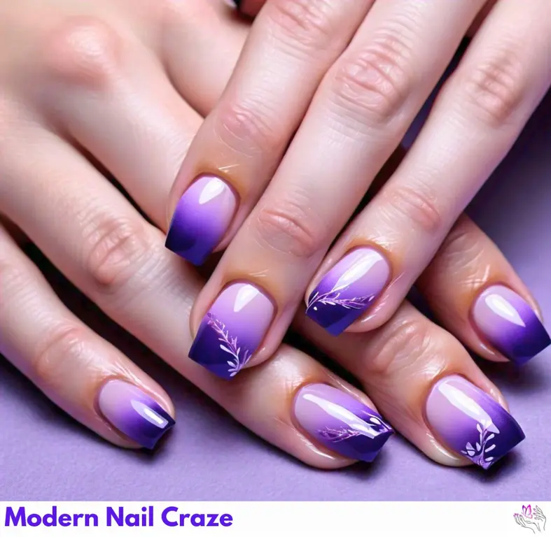 Cozy and stylish purple gradient short nails, blending cool and warm tones inspired by snowy landscapes, perfect for a winter-friendly nail design.