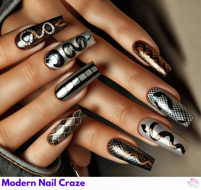 Exotic snake skin nail art with intricate patterns for a bold, elegant look.