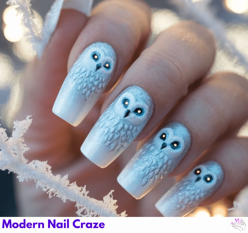 Snow Flake Dots and Owls Nail Design