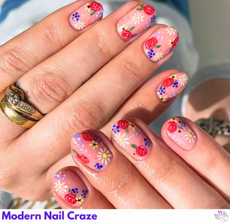 Spring Floral Nails with sun, roses, and polka dots on a neutral base, perfect for brightening up the season.