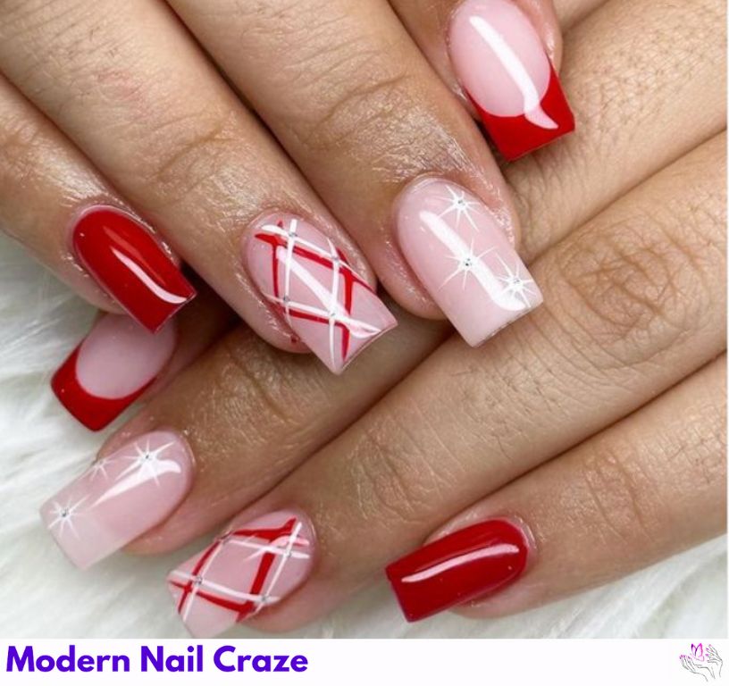 Elegant Red and White Square Christmas Nails