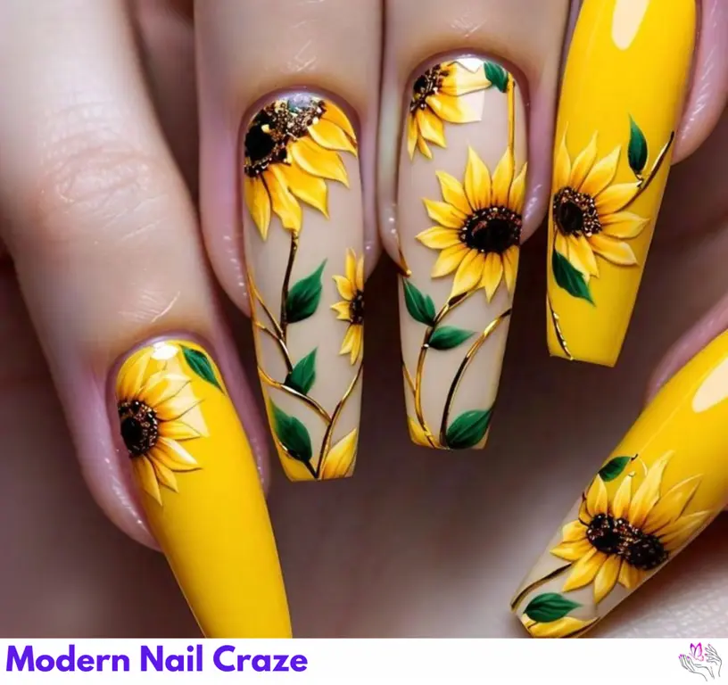 Warm and vibrant sunflower nail design, ideal for celebrating the festive season and nature