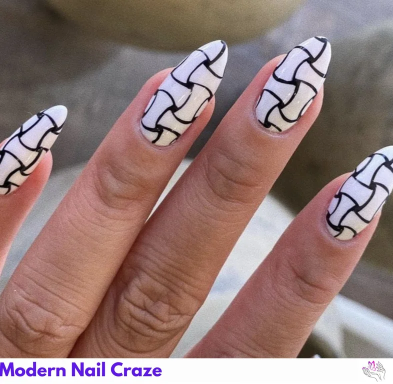 Textile Pattern Nails with black and white knitting designs for a minimalistic, quirky, and modern nail art look.