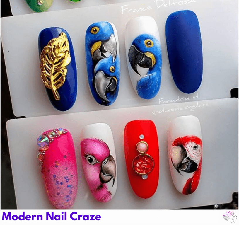 Tropical Parrots Floral Nail Design Ideas.