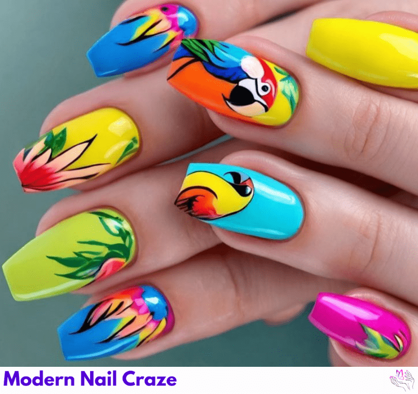 Tropical Parrots Pink and Teal Color Nail Design.