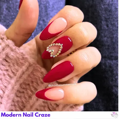 Elegant Valentine's Day themed nails with pink and red hearts, flowers, and subtle glitter accents.