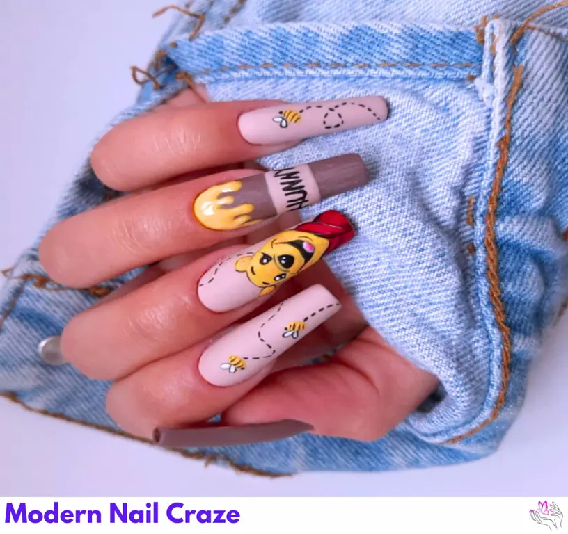 Playful Winnie the Pooh design with red flowers, creating a charming, vibrant nail art look.