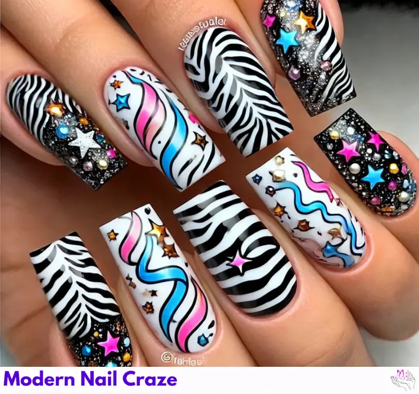 Bold zebra print nails with shimmer stars, making a playful and stylish statement.