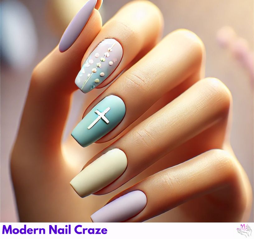 Matte pastel Easter nails featuring subtle cross designs on short nails.