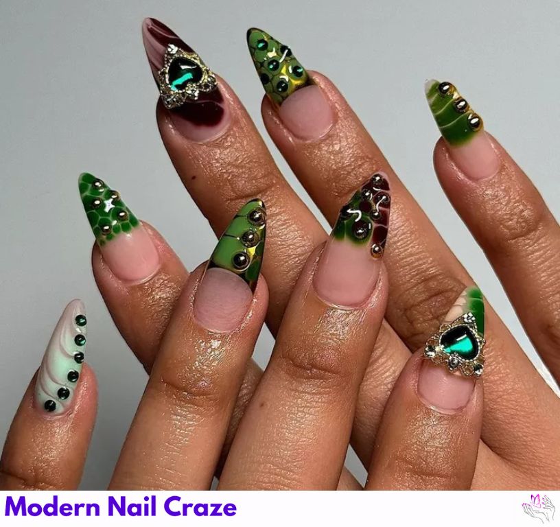 3D Blooming Green Skittle Nails: Green and brown chrome nails with blooming gel effects.