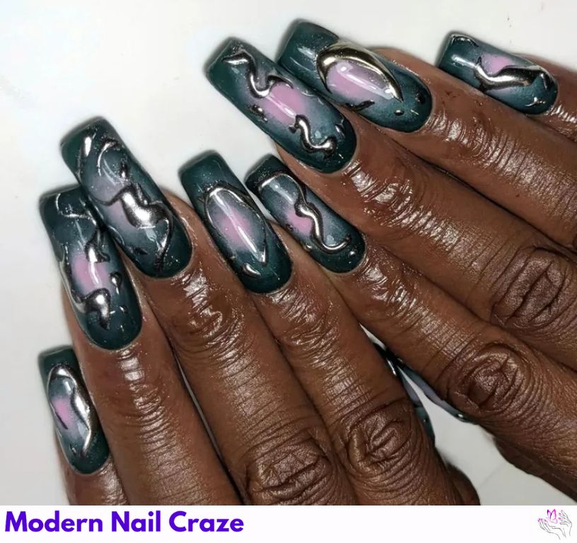 Futuristic black-gray nails with pink aura accents.