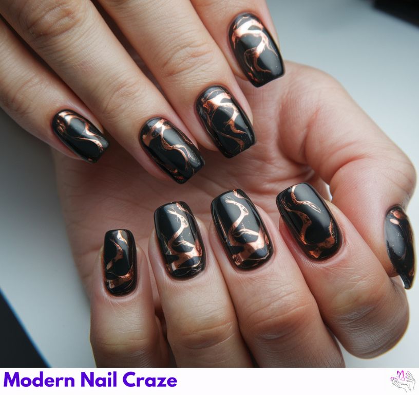 Autumnal copper chrome nails with stylish 3D swirls.