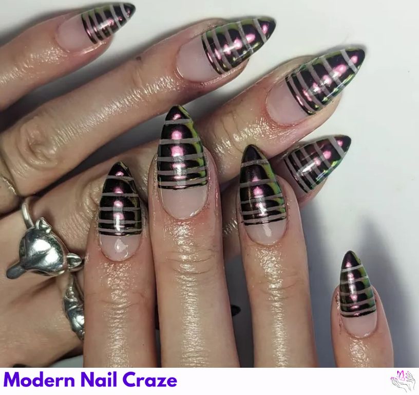 Beetle Stripes: Dark chrome nails with bold striped beetle-inspired design.