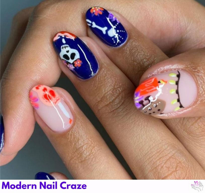 Royal blue nails with sugar skull and floral accents.