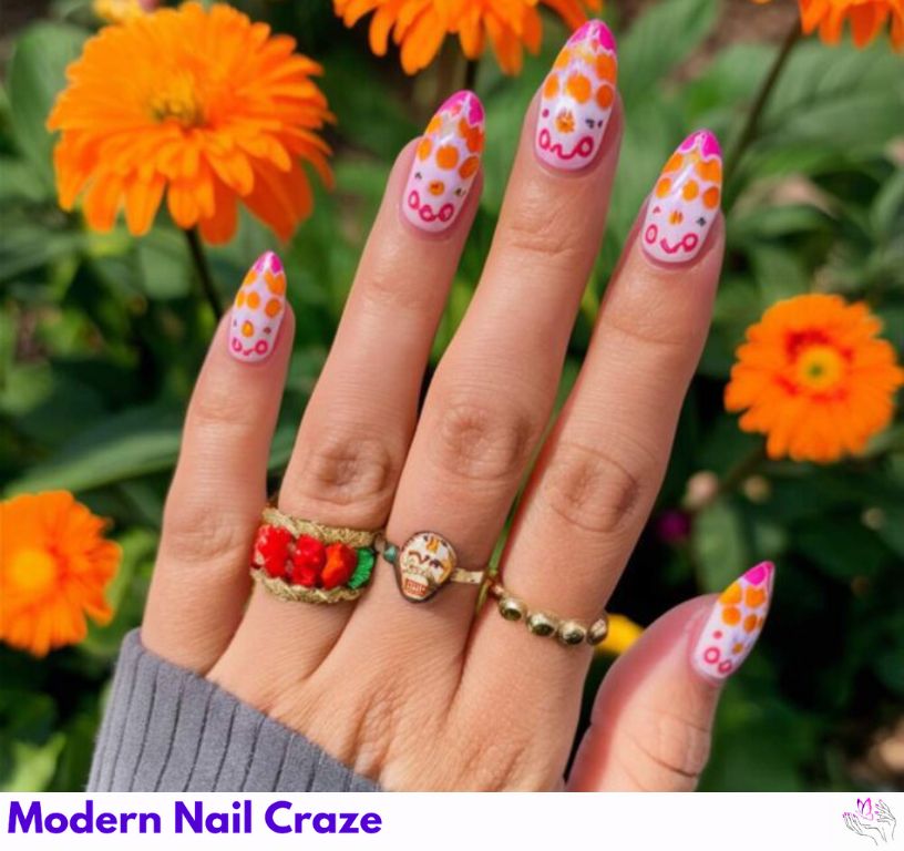 Festive Mexican floral nail art for Dia De Los Muertos.