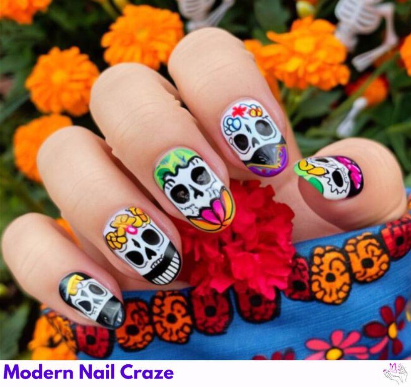 Detailed, colorful Catrina nail designs for celebrations.