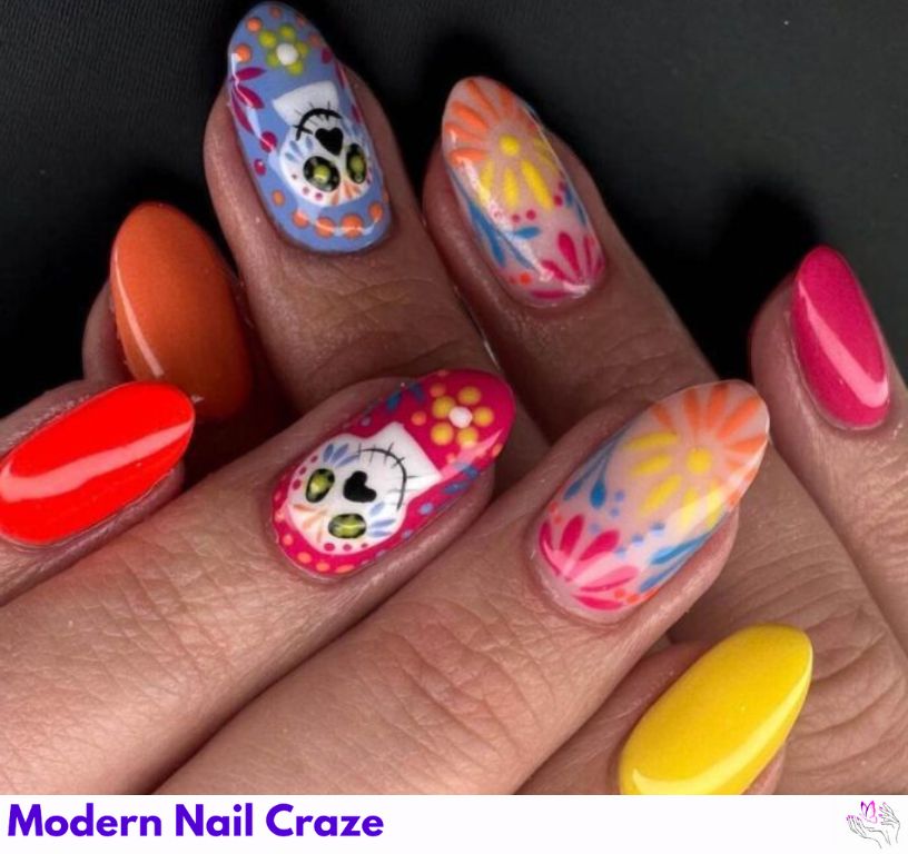 Bright, festive sugar skull-inspired nail art.