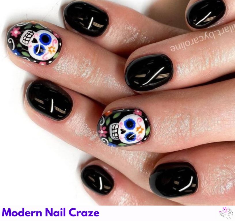 Single sugar skull with bold black nail background.