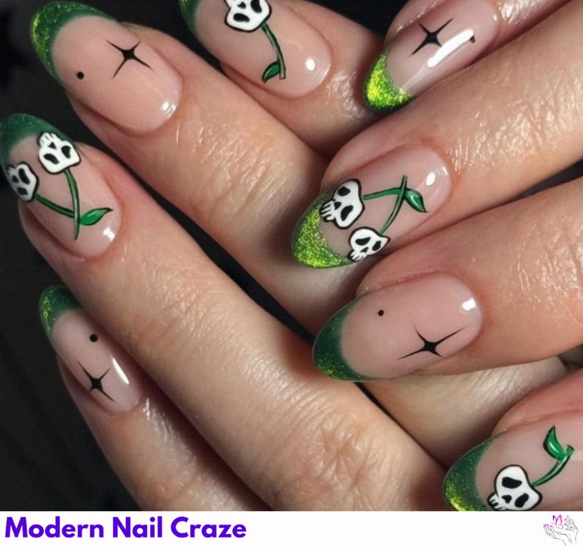 Green French tips with cherry sugar skull nail art.