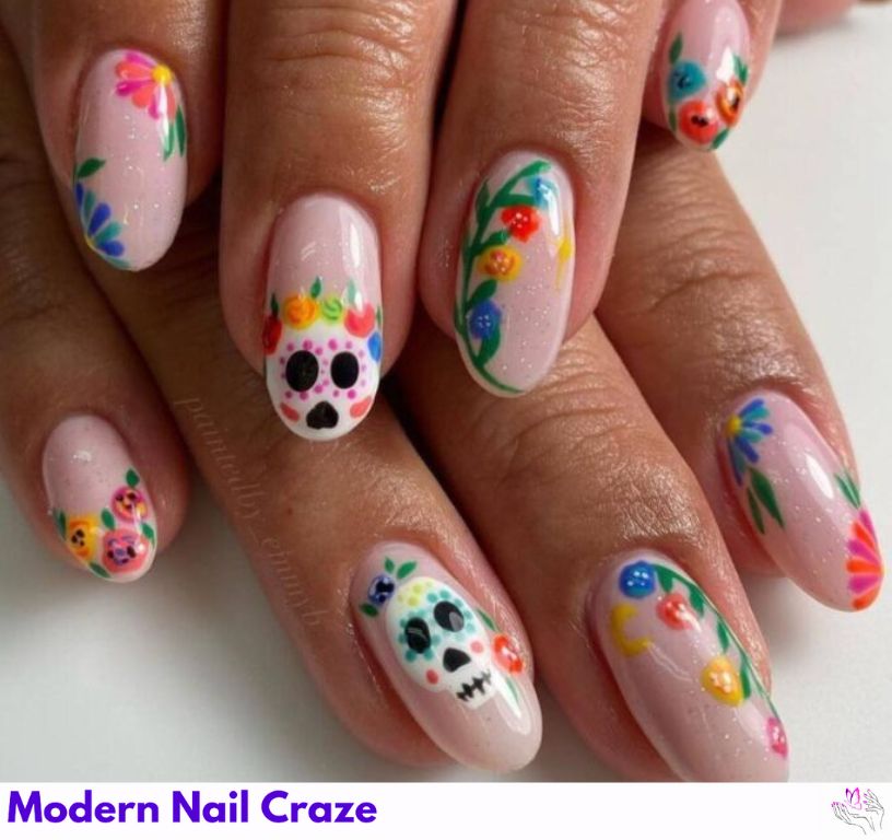 Elegant floral designs paired with Dia De Los Muertos skulls.