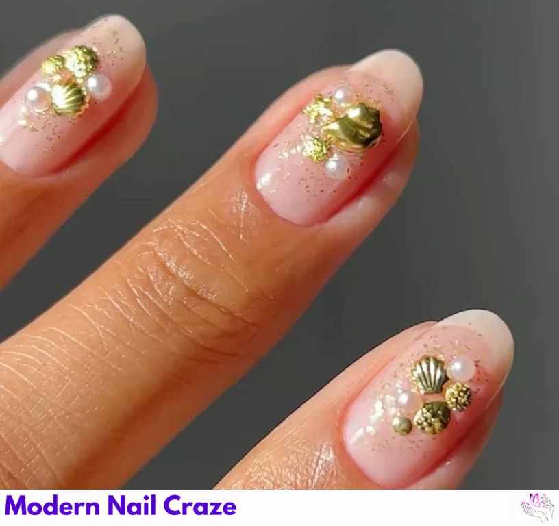 Antique-style nails with gold seashell beads and pearls.