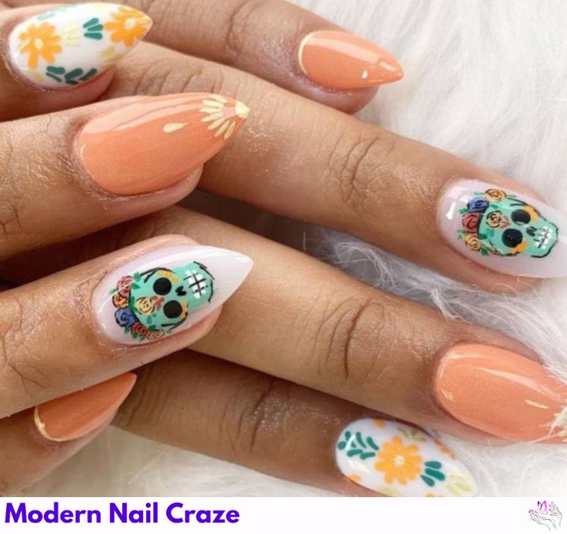 Whimsical Dia De Los Muertos-inspired dreamy nail art.