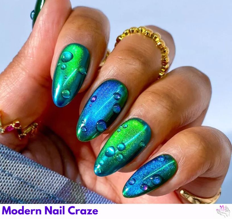 Mermaidy Blue and Green Dewdrop Nails: Stylish wet-look blue-green chrome nails.