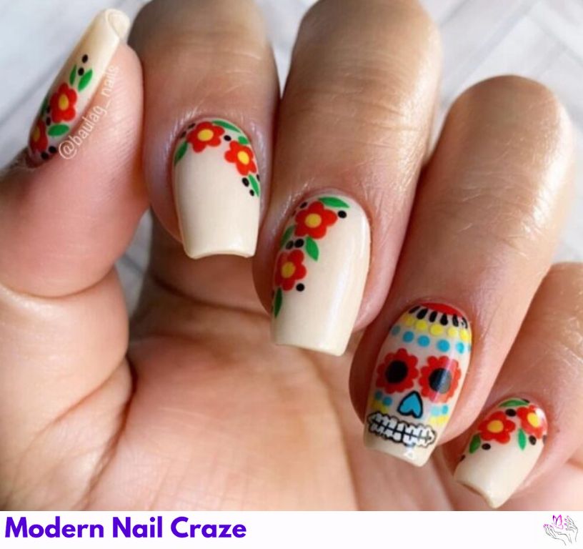 Bright Mexican flowers combined with sugar skulls.