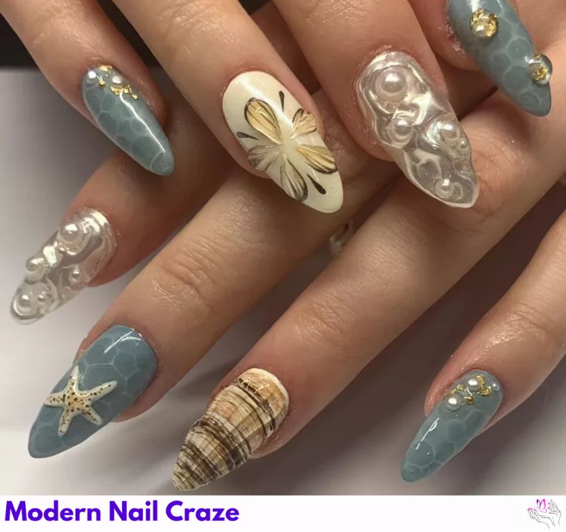 Mismatched Beach Nails: Beach-inspired nails with shells, sand, and starfish.