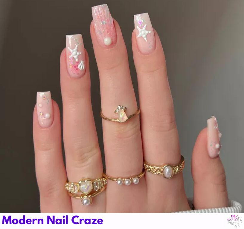 Chic seashell nails with iridescent shimmer and elegance.