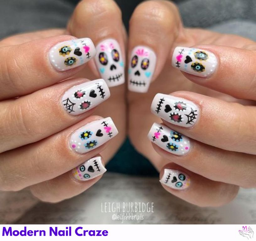 Colorful sugar skulls with floral eye accents.