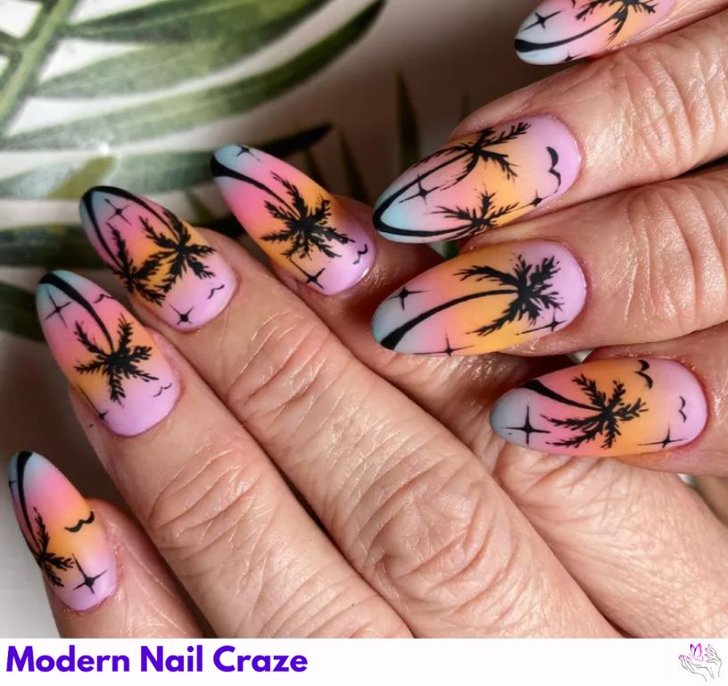 Beach nails with palm trees and sunset gradients.