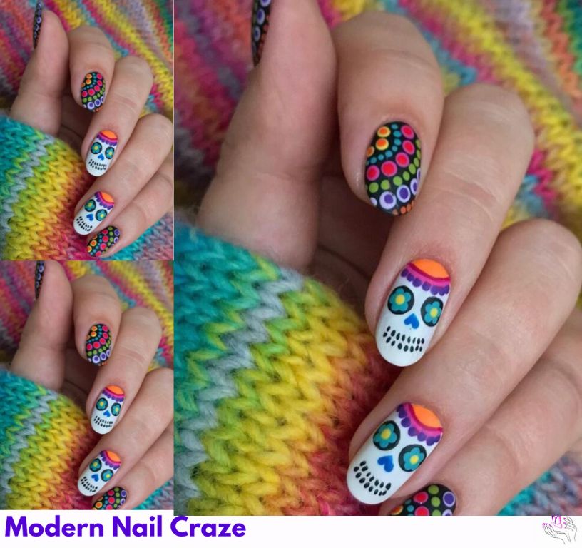 Festive rainbow dots paired with skull nail art.