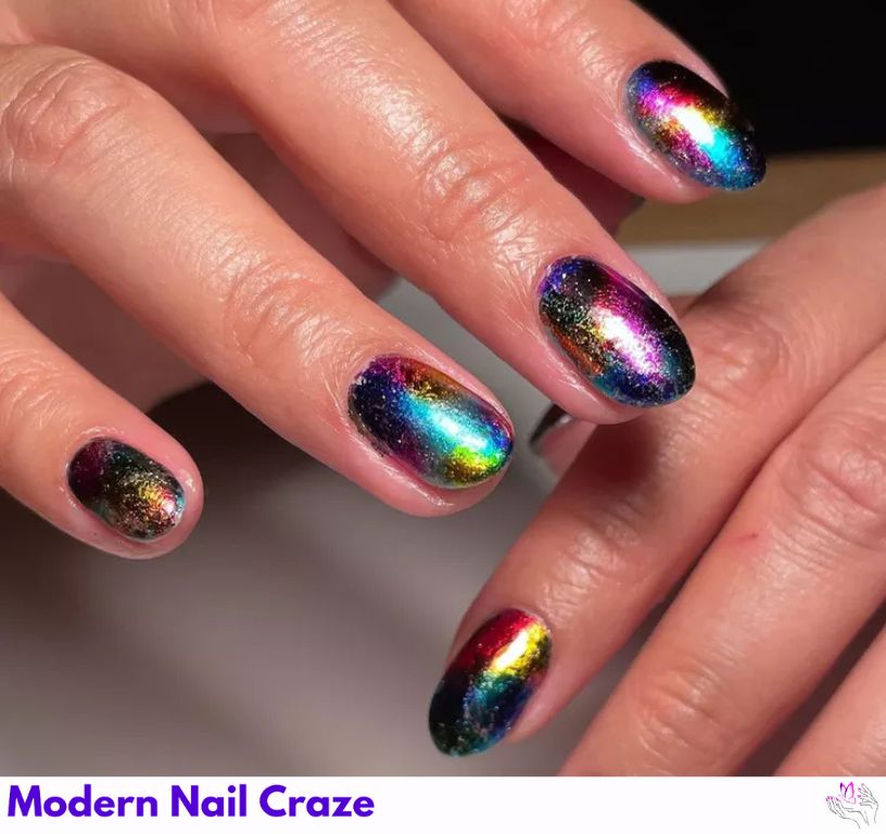 Colorful rainbow nails with foil-like textured finish.