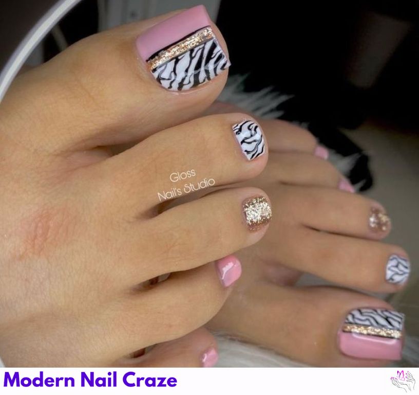 Chic silver and pink nails with playful dalmatian print.