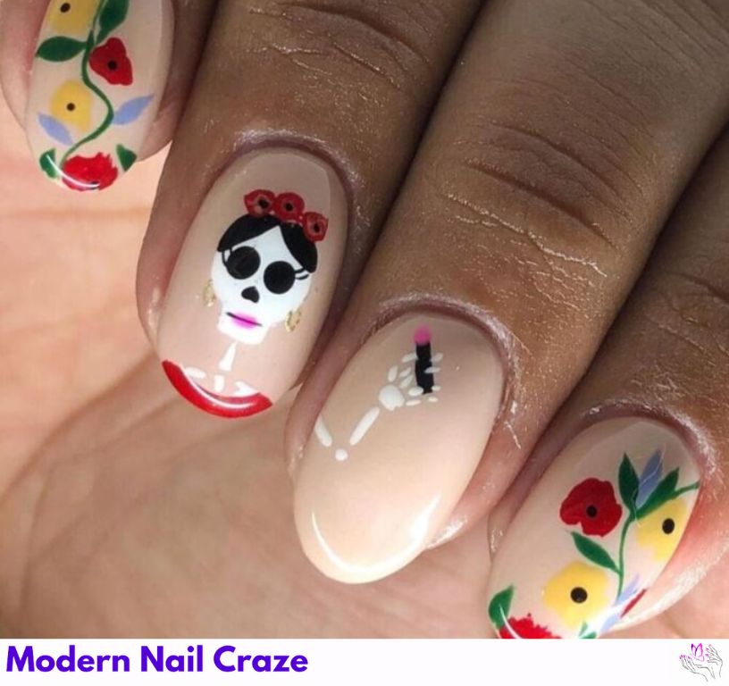 Minimalist floral nails with lady sugar skull accents.