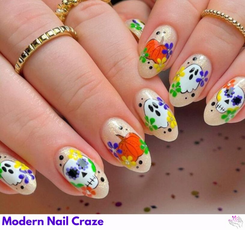 dia de los muertos nails Sugar skulls with Halloween ghost and pumpkin details.